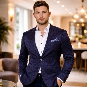 MACEOO Socrate Cabriole Black Blue Jacquard Blazer sz 48/7 EU (fits like US 38R)